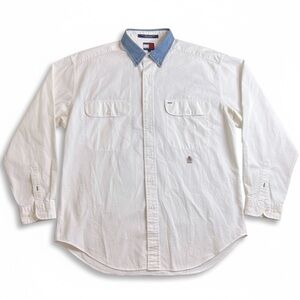 Vintage Tommy Hilfiger Denim Collar Shirt Men’s L White Button Down‎ Long Sleeve